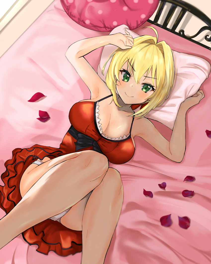 1girl absurdres ahoge armpits bangs bare_shoulders bed blonde_hair blush bmyoshikun123 breasts cleavage closed_eyes collarbone dress eyebrows_visible_through_hair fate/extra fate/extra_ccc fate/grand_order fate_(series) from_above green_eyes hair_intakes highres large_breasts long_hair looking_at_viewer lying modern_costume_of_crimson nero_claudius_(fate) nero_claudius_(fate/extra) official_alternate_costume on_back open_mouth panties pantyshot petals pillow red_dress smile solo underwear white_panties
