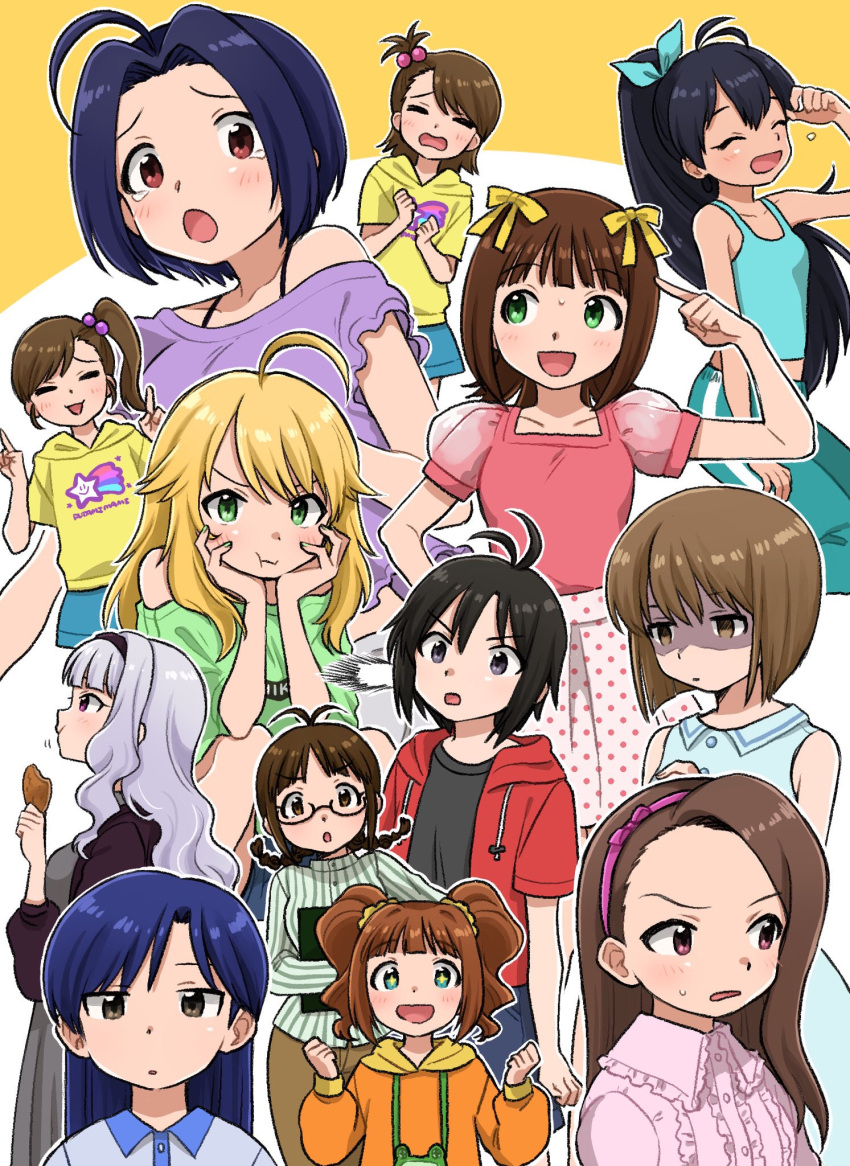 +_+ 6+girls :p ahoge akizuki_ritsuko amami_haruka arm_up bangs black_eyes black_hair blonde_hair blue_hair blush bow braid brown_eyes brown_hair clenched_hands closed_eyes cookie dress eating excited food futami_ami futami_mami ganaha_hibiki glasses gloom_(expression) green_eyes hagiwara_yukiho hair_bow hair_ornament hair_ribbon hairband head_rest highres hood hoodie hoshii_miki idolmaster idolmaster_(classic) kikuchi_makoto kisaragi_chihaya long_hair looking_at_viewer minase_iori miura_azusa multiple_girls naruse_ill open_mouth pants parted_bangs pointing pointing_at_self polka_dot polka_dot_dress pout purple_hair red_eyes ribbon shaded_face shijou_takane shirt short_hair shorts siblings side_ponytail silver_hair sisters skirt smile sweatdrop sweater takatsuki_yayoi tank_top tears tongue tongue_out track_pants twin_braids twins twintails