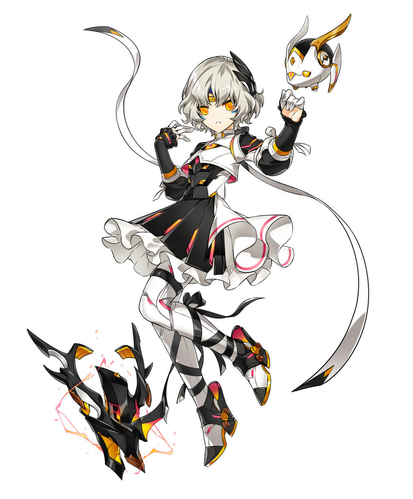 1girl android artist_request code:_failess_(elsword) drone earpiece elsword eve_(elsword) facial_mark finger_cots floating forehead_jewel frills full_body highres leg_ribbon looking_at_viewer moby_(elsword) official_art remy_(elsword) ribbon short_hair transparent_background wavy_hair