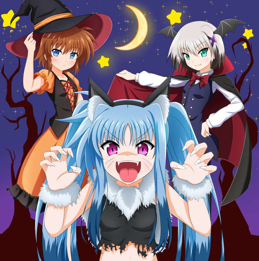 3girls :p animal_ears aqua_eyes bat_wings black_cape black_hair black_headwear black_shirt black_wings blue_eyes blue_hair blue_vest blush bow bowtie brown_hair cape cape_lift cat_ears claw_pose commentary_request crescent_moon dress dress_shirt eyebrows_visible_through_hair facial_mark fake_animal_ears fangs fingernails frilled_dress frills fur_collar fur_cuffs hair_ornament halloween halloween_costume hand_on_hip hat head_wings highres lifted_by_self long_hair long_sleeves looking_at_viewer lyrical_nanoha mahou_shoujo_lyrical_nanoha mahou_shoujo_lyrical_nanoha_a's mahou_shoujo_lyrical_nanoha_a's_portable:_the_battle_of_aces material-d material-l material-s medium_dress moon multicolored_hair multiple_girls night night_sky open_mouth orange_dress oshimaru026 puffy_short_sleeves puffy_sleeves purple_eyes red_bow red_bowtie red_cape sharp_fingernails shirt short_hair short_sleeves sidelocks silver_hair sky sleeveless sleeveless_shirt smile standing star_(sky) star_(symbol) starry_sky tongue tongue_out torn_clothes torn_shirt twintails two-sided_cape two-sided_fabric two-tone_hair v-shaped_eyebrows vest whisker_markings white_shirt wings witch_hat x_hair_ornament