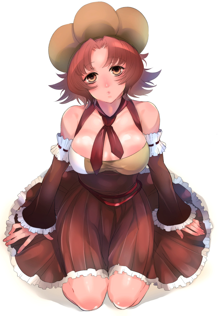 1girl :o absurdres bangs blush bn_yz1107 breasts brown_hair cleavage detached_sleeves eyebrows_visible_through_hair eyelashes flipped_hair frilled_skirt frills from_above full_body hair_ornament hat head_tilt highres kimi_ga_shine looking_at_viewer open_mouth orange_eyes parted_bangs red_ribbon red_skirt ribbon short_hair simple_background sitting skirt solo_focus tsurugi_mai wariza