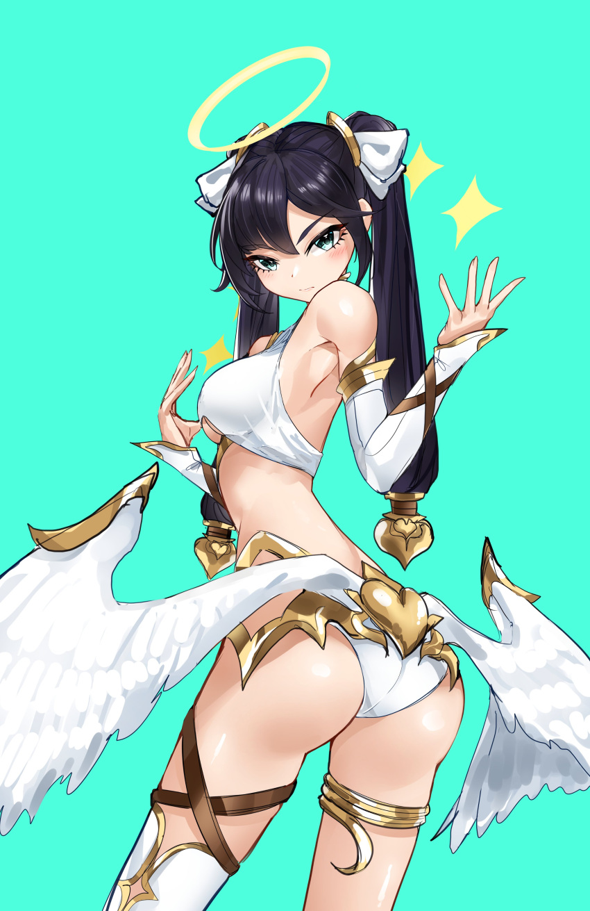 1girl absurdres angel_costume ass bangs bare_shoulders black_hair blush breasts casul detached_sleeves feathered_wings genshin_impact green_eyes hair_ribbon halo halter_top halterneck highres long_hair looking_at_viewer looking_back mona_(genshin_impact) panties ribbon solo thighlet thighs twintails underwear white_panties wings