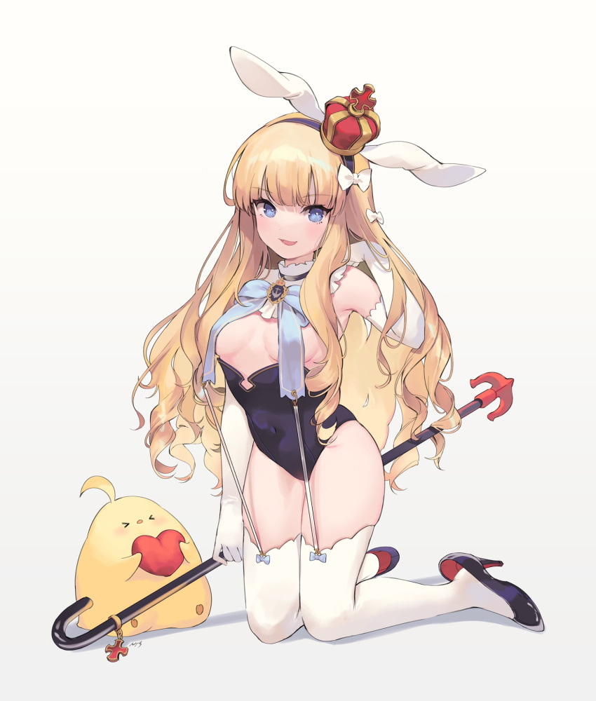 1girl adapted_costume animal_ears arm_up armpits azur_lane bare_shoulders bird black_footwear black_leotard blonde_hair blue_eyes breast_curtains breasts bright_pupils cane chick covered_navel crown detached_collar elbow_gloves fake_animal_ears garter_straps gloves hairband high_heels highres holding kneeling leotard long_hair looking_at_viewer manjuu_(azur_lane) mini_crown nys open_mouth queen_elizabeth_(azur_lane) rabbit_ears revealing_clothes small_breasts smile solo strapless strapless_leotard thighhighs thighs tilted_headwear very_long_hair wavy_hair white_gloves white_legwear