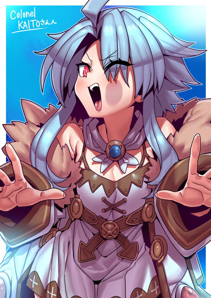 1girl against_fourth_wall ahoge armpit_crease bangs bare_shoulders blanc_(neptune_series) blanc_(neptune_series)_(cosplay) blue_background blue_hair breasts cleavage collarbone commentary_request commission cosplay cowboy_shot dress eyebrows_visible_through_hair eyes_visible_through_hair fur-trimmed_jacket fur_trim highres jacket long_sleeves looking_at_viewer neptune_(series) off_shoulder one_eye_closed open_mouth parted_bangs power_symbol red_eyes short_hair short_hair_with_long_locks sidelocks skeb_commission sleeveless sleeveless_dress small_breasts solo spaghetti_strap standing symbol-shaped_pupils teeth tongue tukiwani upper_teeth white_dress white_heart white_jacket
