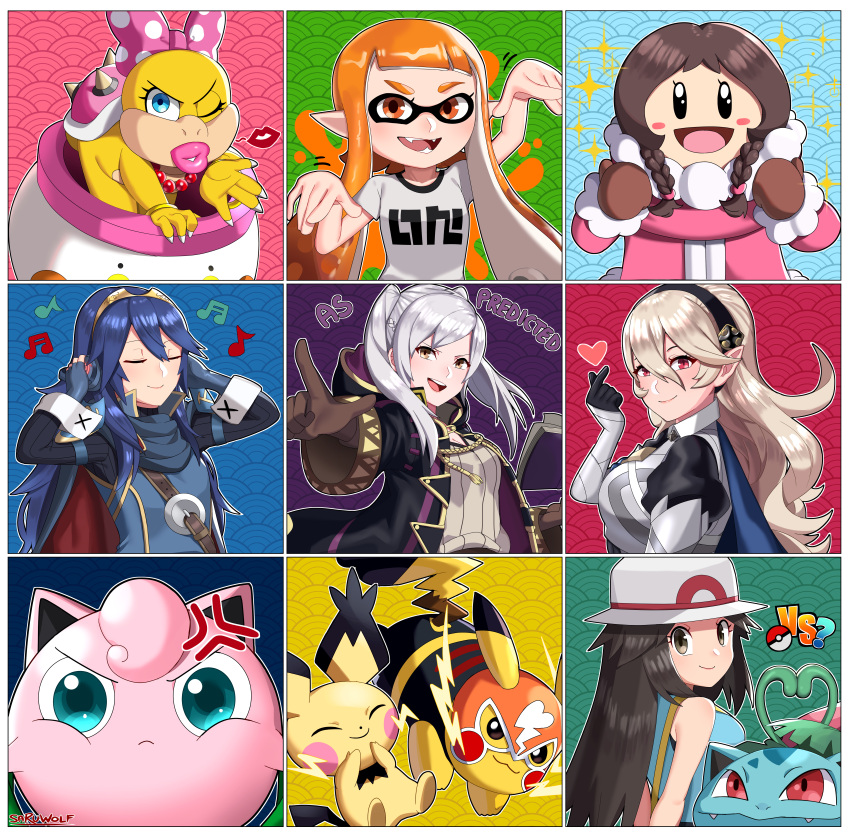 6+girls :3 :d absurdres anger_vein blowing_kiss blue_eyes blue_hair blush_stickers braid breasts brown_hair cape claws closed_eyes closed_mouth clothed_pokemon coat commentary corrin_(fire_emblem) corrin_(fire_emblem)_(female) cosplay_pikachu electricity english_commentary english_text fangs fangs_out fire_emblem fire_emblem_awakening fire_emblem_fates gloves hat heart highres ice_climber inkling ivysaur jigglypuff leaf_(pokemon) long_hair looking_at_viewer lucina_(fire_emblem) mario_(series) multiple_girls musical_note nana_(ice_climber) one_eye_closed open_mouth pichu pikachu pikachu_libre pointy_ears poke_ball_symbol pokemon pokemon_(creature) pokemon_(game) pokemon_frlg pokken_tournament robin_(fire_emblem) robin_(fire_emblem)_(female) sarukaiwolf silver_hair sleeveless smile spiky-eared_pichu splatoon_(series) super_smash_bros. tentacle_hair twin_braids wendy_o._koopa winter_clothes winter_coat