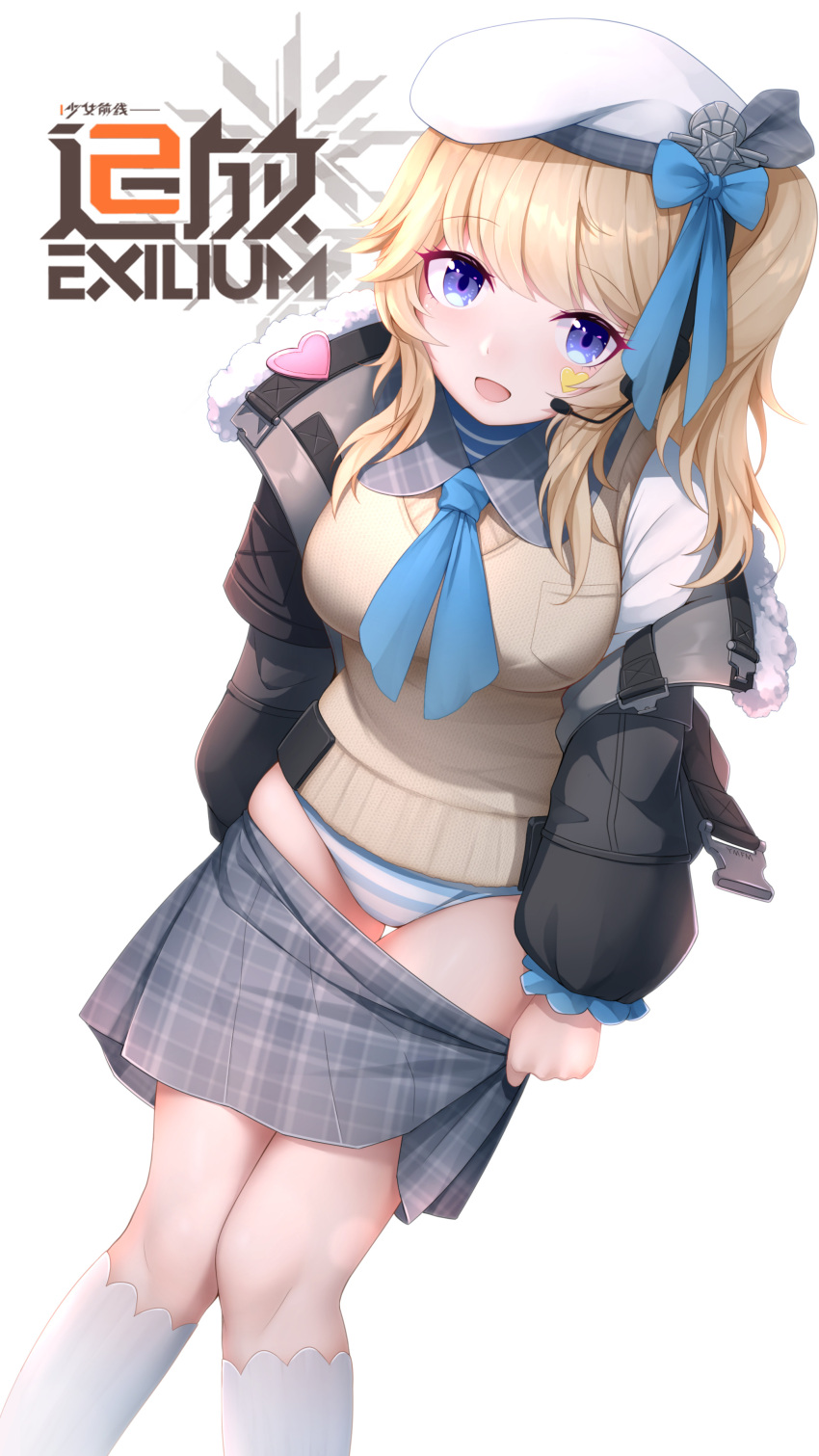 1girl absurdres beret black_jacket blonde_hair blue_bow blue_eyes blue_necktie bow breasts brown_cardigan cardigan copyright_name eyebrows_visible_through_hair feet_out_of_frame fur-trimmed_jacket fur_trim girls'_frontline girls'_frontline_2:_exilium grey_skirt hair_bow hat highres jacket leaning_forward long_hair looking_at_viewer medium_breasts necktie open_clothes open_jacket open_mouth panties side_ponytail skirt socks solo standing striped striped_panties underwear vepley_(girls'_frontline_2) white_background white_legwear wo_you_yibei_jia_wanli
