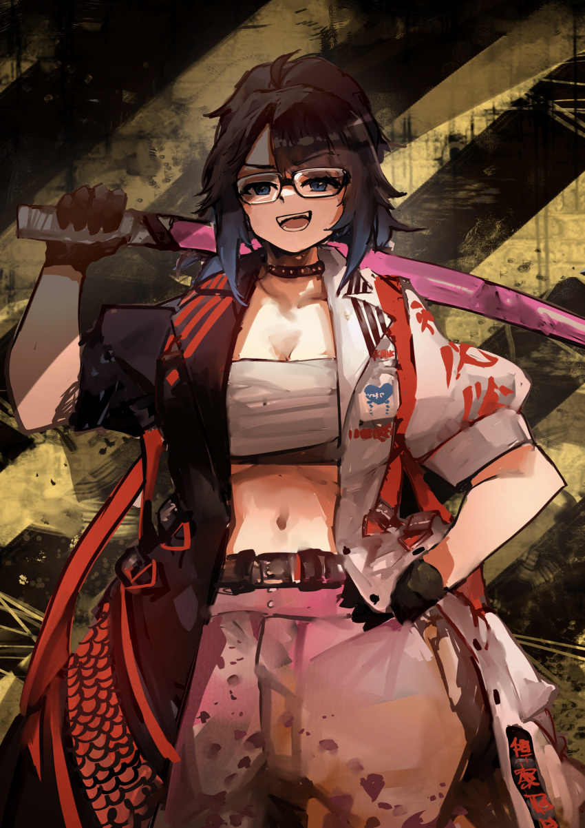1girl absurdres bangs belt black_gloves black_hair blue_hair bokken breasts cleavage coat collar collarbone delinquent eyebrows_visible_through_hair glasses gloves hand_on_hip highres indie_virtual_youtuber kson large_breasts looking_at_viewer midriff multicolored_hair navel open_clothes open_coat pants ponytail sarashi souchou sukeban sword virtual_youtuber vyragami weapon wooden_sword