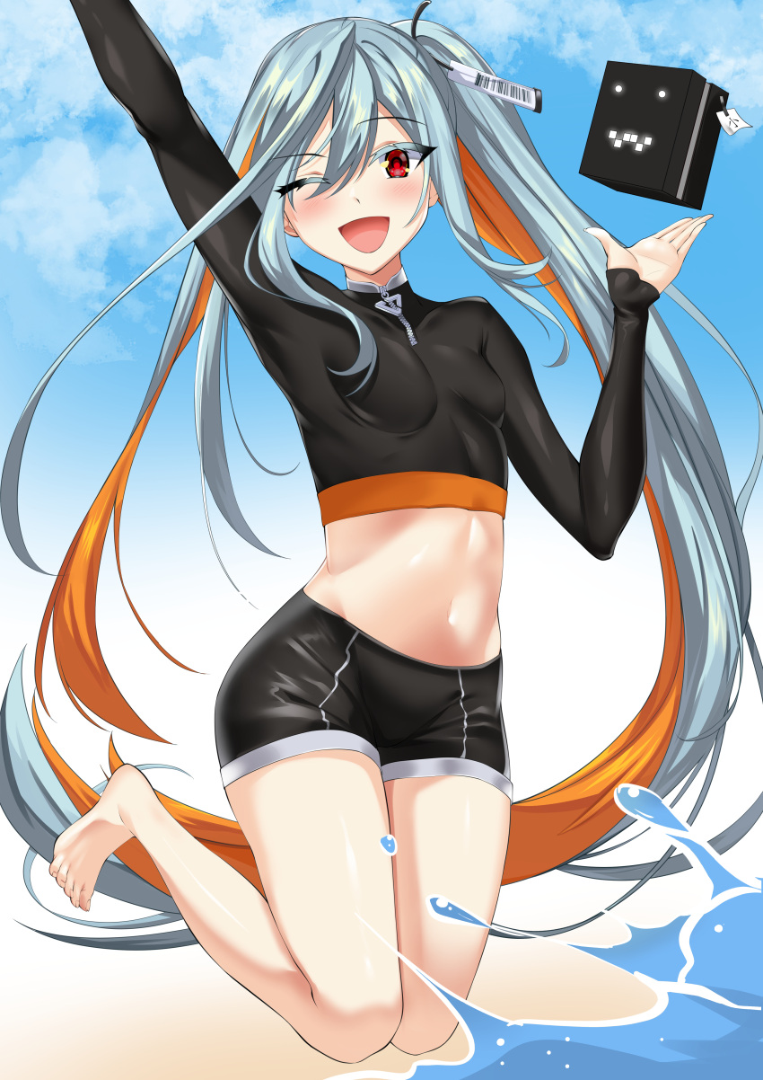 1girl ;d absurdres arm_up barefoot black_shorts breasts counter_side crop_top elze_(s01047480836) hand_up highres legs_up long_hair long_sleeves looking_at_viewer machine-g.a.p. midriff multicolored_hair navel one_eye_closed open_mouth orange_hair rash_guard red_eyes robot short_shorts shorts side_ponytail sigma_(counter_side) small_breasts smile solo stomach thighs two-tone_hair very_long_hair white_hair