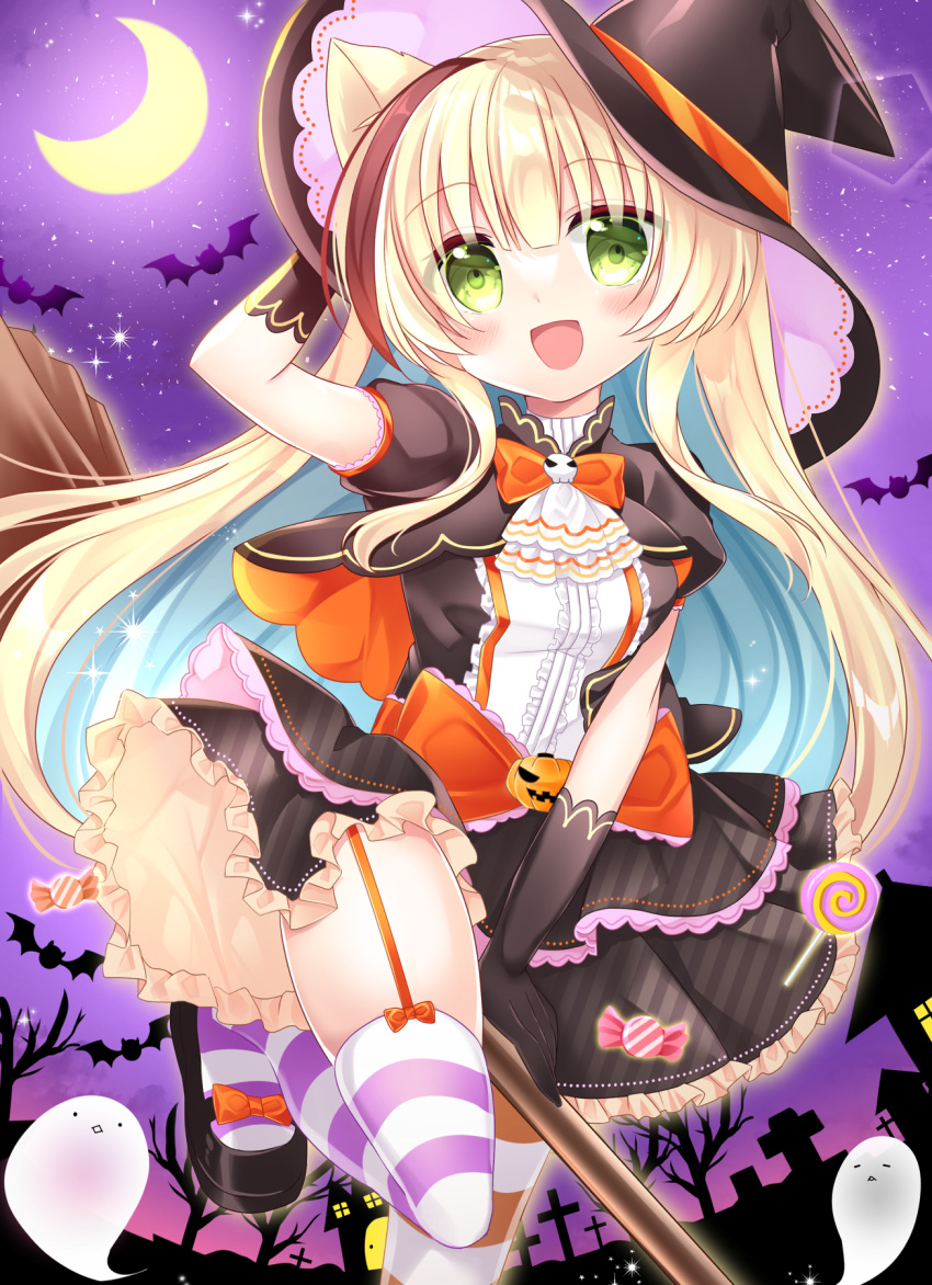 1girl :d animal_ears arm_up black_dress black_footwear black_gloves black_headwear black_jacket blonde_hair blue_hair blush bow breasts candy candy_wrapper cat_ears commentary_request crescent_moon cropped_jacket dress elbow_gloves food garter_straps ghost gloves green_eyes halloween hand_on_headwear hat highres jacket layered_dress lollipop long_hair looking_at_viewer moon multicolored_hair open_mouth orange_bow original puffy_short_sleeves puffy_sleeves shikito shoes short_sleeves skindentation sky small_breasts smile solo standing standing_on_one_leg star_(sky) starry_sky striped striped_legwear swirl_lollipop thighhighs tilted_headwear two-tone_hair very_long_hair witch_hat