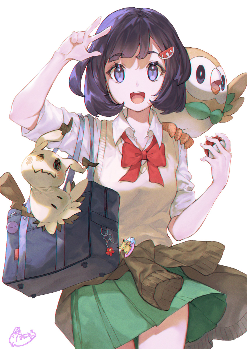 1girl :d absurdres alternate_costume bag bangs bow bowtie collared_shirt commentary ditto eyelashes green_skirt grey_eyes hair_ornament highres holding holding_poke_ball honyaru_(nanairo39) mimikyu on_shoulder open_mouth pikachu pleated_skirt poke_ball poke_ball_(basic) pokemon pokemon_(creature) pokemon_(game) pokemon_on_shoulder pokemon_sm red_bow red_bowtie rowlet selene_(pokemon) shirt skirt sleeves_rolled_up smile teeth tongue upper_teeth vest w white_shirt yellow_vest