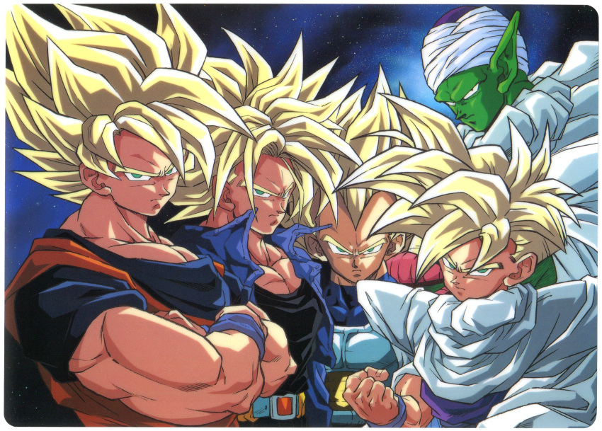 1990s_(style) 5boys armor blonde_hair border cape card_(medium) clenched_hand closed_mouth colored_skin crossed_arms dougi dragon_ball dragon_ball_z father_and_son feet_out_of_frame green_skin highres jacket looking_at_viewer male_focus multiple_boys muscular muscular_male namekian official_art open_clothes open_jacket piccolo pointy_ears retro_artstyle saiyan scan serious short_sleeves son_gohan son_goku space spiked_hair super_saiyan super_saiyan_1 toriyama_akira trunks_(dragon_ball) turban vegeta white_border white_cape widow's_peak wristband