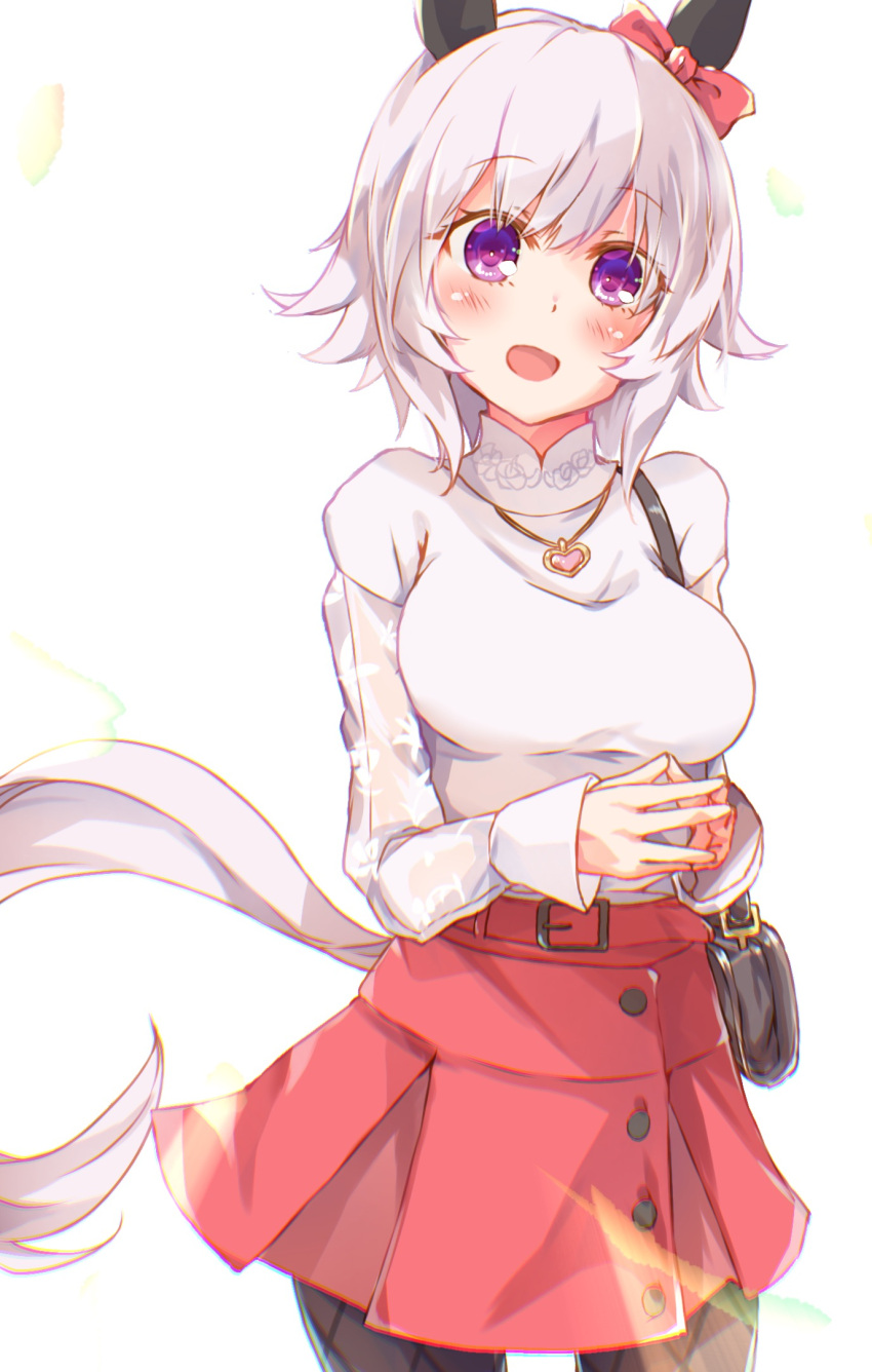 1girl :d animal_ears bag bangs blush bow breasts brown_legwear commentary_request curren_chan_(umamusume) ear_bow eyebrows_visible_through_hair grey_hair hair_between_eyes highres horse_ears horse_girl horse_tail long_sleeves looking_at_viewer medium_breasts open_mouth pantyhose pleated_skirt purple_eyes red_bow red_skirt rinrin_(927413) see-through see-through_sleeves shirt short_hair shoulder_bag skirt sleeves_past_wrists smile solo steepled_fingers tail umamusume white_shirt