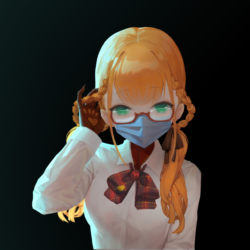 1girl absurdres adjusting_hair ak4t andou_inari andou_inari_official backlighting bangs black_background bow bowtie braid breasts brown_gloves brown_ribbon glasses gloves green_eyes hair_ribbon highres long_hair long_sleeves looking_at_viewer low_twintails mask mouth_mask orange_hair paw_print_palms plaid plaid_bow plaid_neckwear red-framed_eyewear ribbon shirt solo surgical_mask twin_braids twintails upper_body virtual_youtuber white_shirt