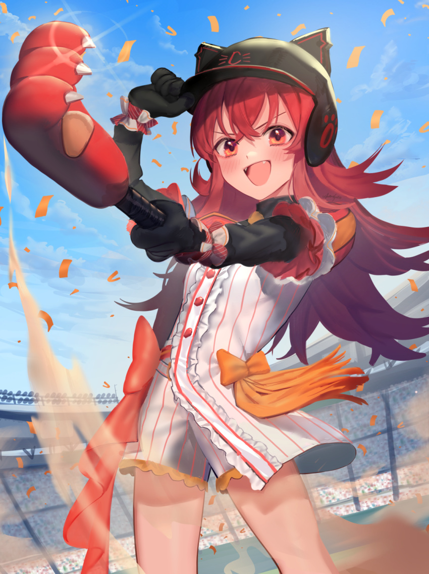 1girl :d animal_ears_helmet arm_up bangs baseball_helmet baseball_uniform black_gloves black_headwear blue_sky center_frills cloud commentary_request confetti day elbow_gloves eyebrows_visible_through_hair fangs frills gloves hair_between_eyes helmet highres holding idolmaster idolmaster_shiny_colors komiya_kaho long_hair open_mouth outdoors outstretched_arm puffy_short_sleeves puffy_sleeves red_eyes red_hair sand shirt short_shorts short_sleeves shorts sky smile solo sportswear stadium striped striped_shirt striped_shorts ukimesato v-shaped_eyebrows vertical-striped_shirt vertical-striped_shorts vertical_stripes very_long_hair white_shirt white_shorts
