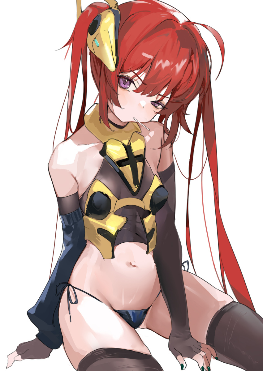 1girl absurdres ahoge armor_girls bare_shoulders black_panties black_shirt breasts brown_gloves brown_legwear chinese_clothes crop_top detached_sleeves dudou elbow_gloves fingerless_gloves gloves headgear highres knight_charlotte long_hair looking_at_viewer mouth_hold nail_polish navel panties purple_eyes red_hair revealing_clothes shirt side-tie_panties single_detached_sleeve sitting sleeveless sleeveless_shirt small_breasts solo stomach string_panties thighhighs thighs twintails underwear uneven_eyes very_long_hair wumumu