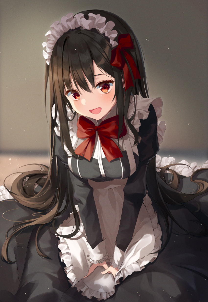 1girl absurdres apron black_hair bow breasts dress frilled_apron frills hair_bow highres juliet_sleeves kimae lens_flare long_hair long_sleeves looking_at_viewer maid maid_apron maid_headdress medium_breasts open_mouth original puffy_sleeves red_bow red_eyes red_neckwear ribbon sitting smile solo sparkle straight_hair very_long_hair wariza