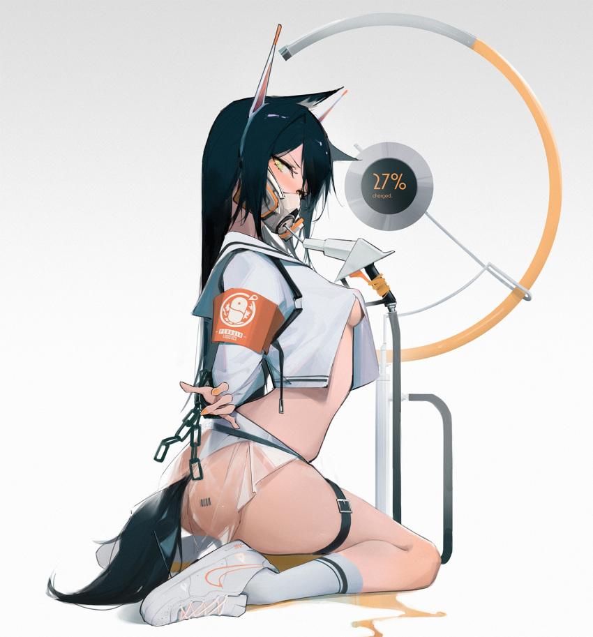 1girl animal_ears arknights armband arms_behind_back ass ass_tattoo barcode barcode_tattoo bdsm black_hair blush bondage bound bound_arms breasts buckle chain chained commentary_request eyyy from_side full_body gas_mask headgear highres kneehighs kneeling long_hair long_sleeves looking_at_viewer looking_to_the_side machinery mask medium_breasts miniskirt no_bra panties penguin_logistics_logo revealing_clothes see-through shoes skirt sneakers solo tail tattoo texas_(arknights) thigh_strap underboob underwear v-shaped_eyebrows white_background white_footwear white_legwear white_panties wolf_ears wolf_girl wolf_tail yellow_eyes