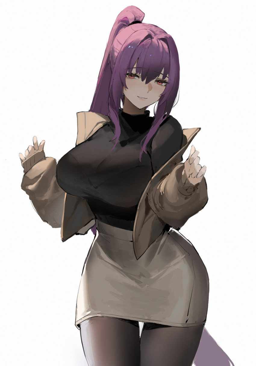 1girl absurdres bangs black_sweater breasts brown_jacket brown_legwear contemporary cowboy_shot fate/grand_order fate_(series) grey_skirt hair_between_eyes high-waist_skirt highres jacket large_breasts long_hair long_sleeves looking_at_viewer open_clothes open_jacket pantyhose pencil_skirt ponytail purple_hair red_eyes scathach_(fate) sdustz skirt smile solo sweater thigh_gap thighs