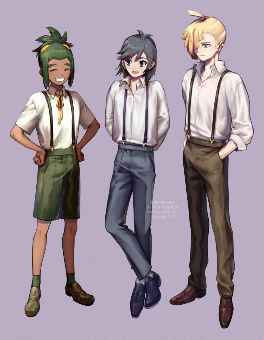 3boys absurdres ahoge alternate_costume arms_behind_back bangs blonde_hair brown_footwear closed_eyes closed_mouth collared_shirt commentary_request dark-skinned_male dark_skin elio_(pokemon) full_body gladion_(pokemon) green_eyes green_hair green_legwear green_shorts grey_background grey_pants grin hands_on_hips hau_(pokemon) height_difference highres knees male_focus mugiccha2 multiple_boys neck_ribbon pants pokemon pokemon_(game) pokemon_sm ribbon shirt shoes short_hair short_sleeves shorts simple_background smile socks standing suspenders teeth watermark white_shirt