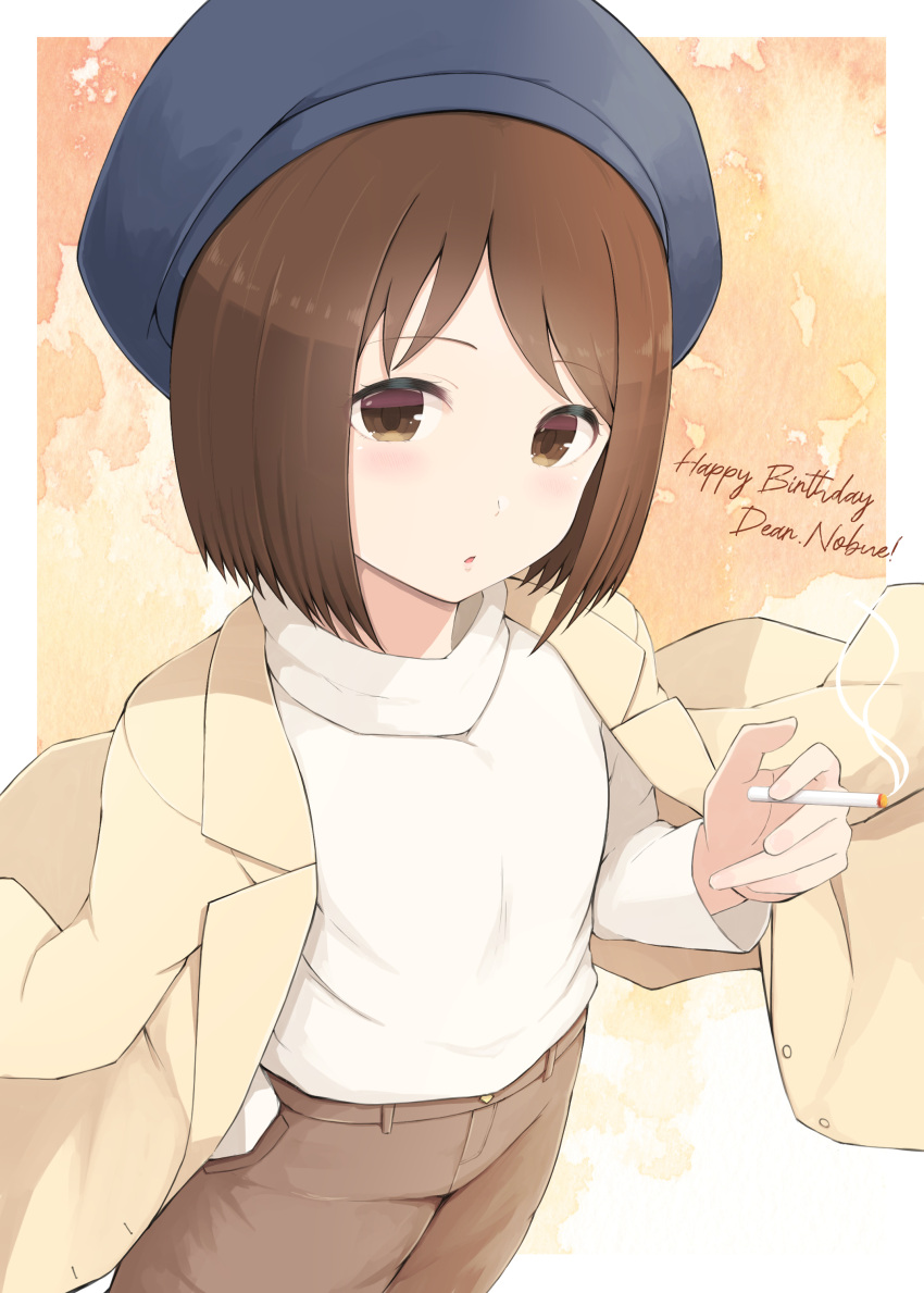 1girl absurdres beret between_fingers black_headwear brown_eyes brown_hair brown_jacket brown_shorts cigarette commentary_request happy_birthday hat highres holding holding_cigarette ichigo_mashimaro itou_nobue jacket jacket_on_shoulders long_sleeves looking_at_viewer parted_lips shirt short_hair shorts smoke solo temari_rin white_shirt