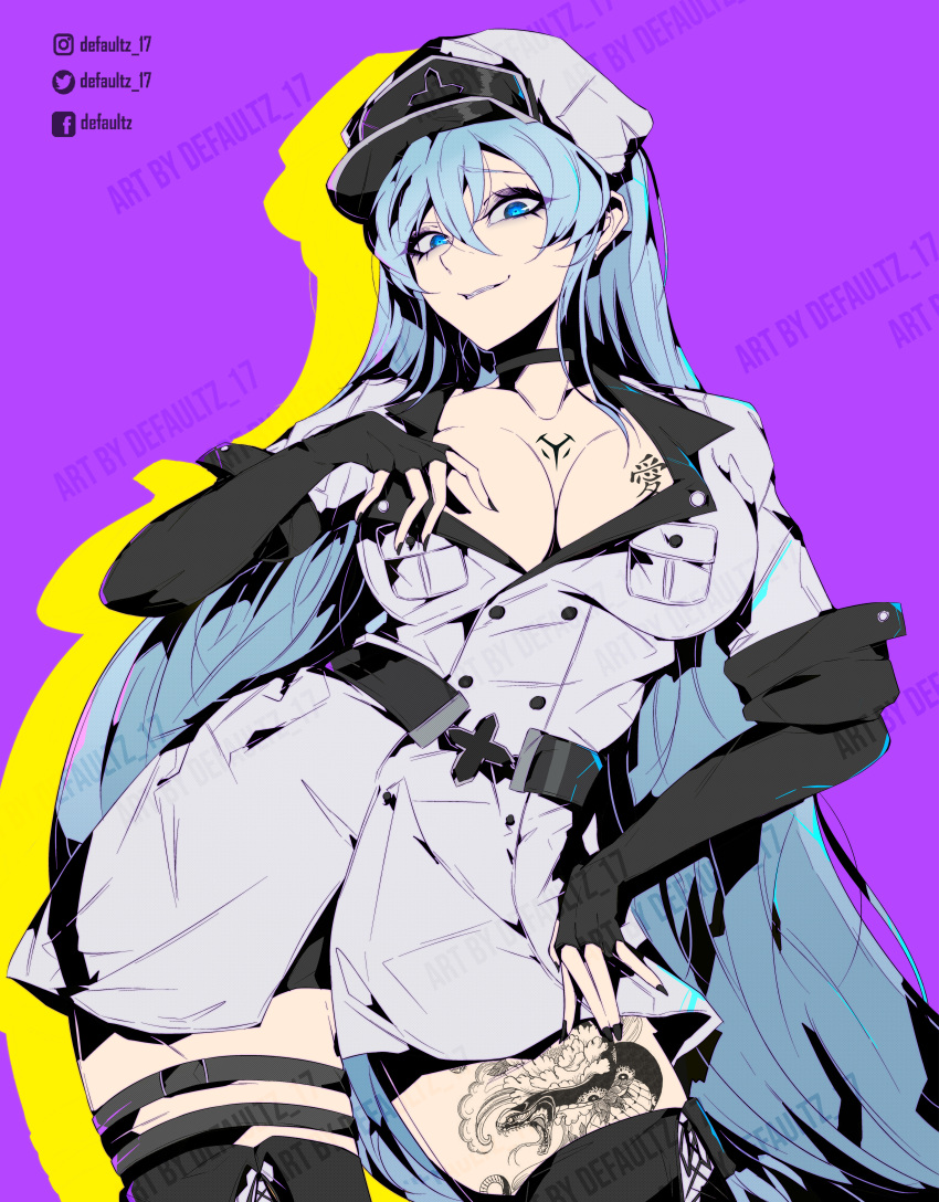 1girl absurdres akame_ga_kill! black_legwear blue_eyes blue_hair breasts cleavage commentary defaultz elbow_gloves english_commentary esdeath facebook_logo facebook_username gloves hand_on_hip hat highres instagram_logo instagram_username large_breasts leg_tattoo looking_at_viewer military military_hat military_uniform seductive_smile smile tattoo thighhighs thighs twitter_logo twitter_username uniform watermark