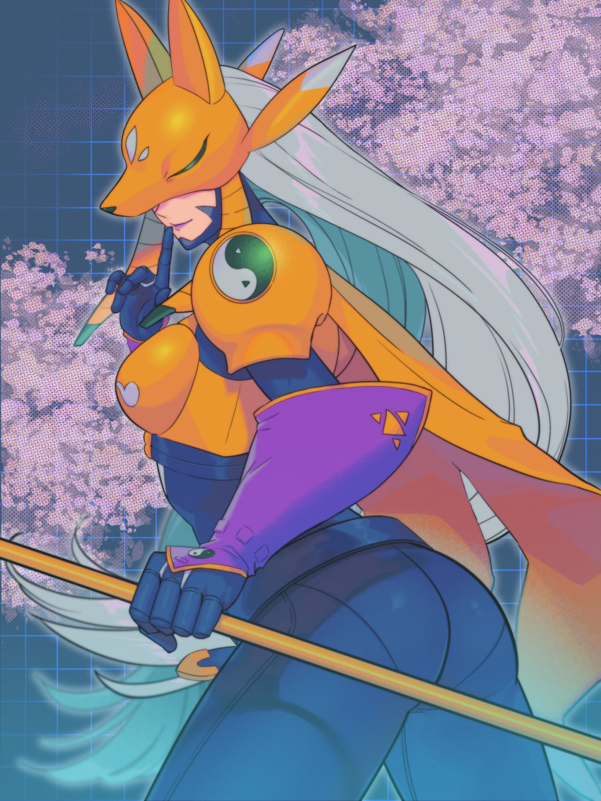 1girl arm_warmers armor ass belt black_bodysuit blue_background bodysuit breasts cherry_blossoms closed_mouth commentary_request commission covered_eyes cowboy_shot digimon digimon_(creature) digital_hazard facial_mark finger_to_mouth floating_hair fox_mask from_behind gloves highres holding holding_staff large_breasts lipstick long_hair makeup mask purple_lips ramune_b sakuyamon silver_hair skeb_commission smile solo staff standing twintails very_long_hair yellow_armor yin_yang yin_yang_print