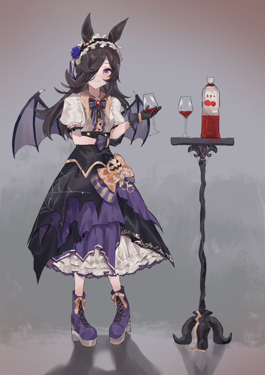 1girl amano_kokoko animal_ears bangs bat_wings black_gloves black_hair black_hairband blue_flower blue_rose blush boots bottle bow brooch center_frills closed_mouth collared_shirt commentary cup cupping_glass drinking_glass fang fang_out flower frilled_hairband frills full_body gloves grey_wings hair_flower hair_ornament hair_over_one_eye hairband high_heel_boots high_heels highres holding holding_cup horse_ears jewelry long_hair make_up_in_halloween!_(umamusume) official_alternate_costume platform_boots puffy_short_sleeves puffy_sleeves purple_footwear purple_skirt red_eyes rice_shower_(umamusume) rose shirt short_sleeves skirt smile solo standing striped striped_bow table tomato_juice torn_clothes torn_skirt translated umamusume very_long_hair white_shirt wine_glass wings