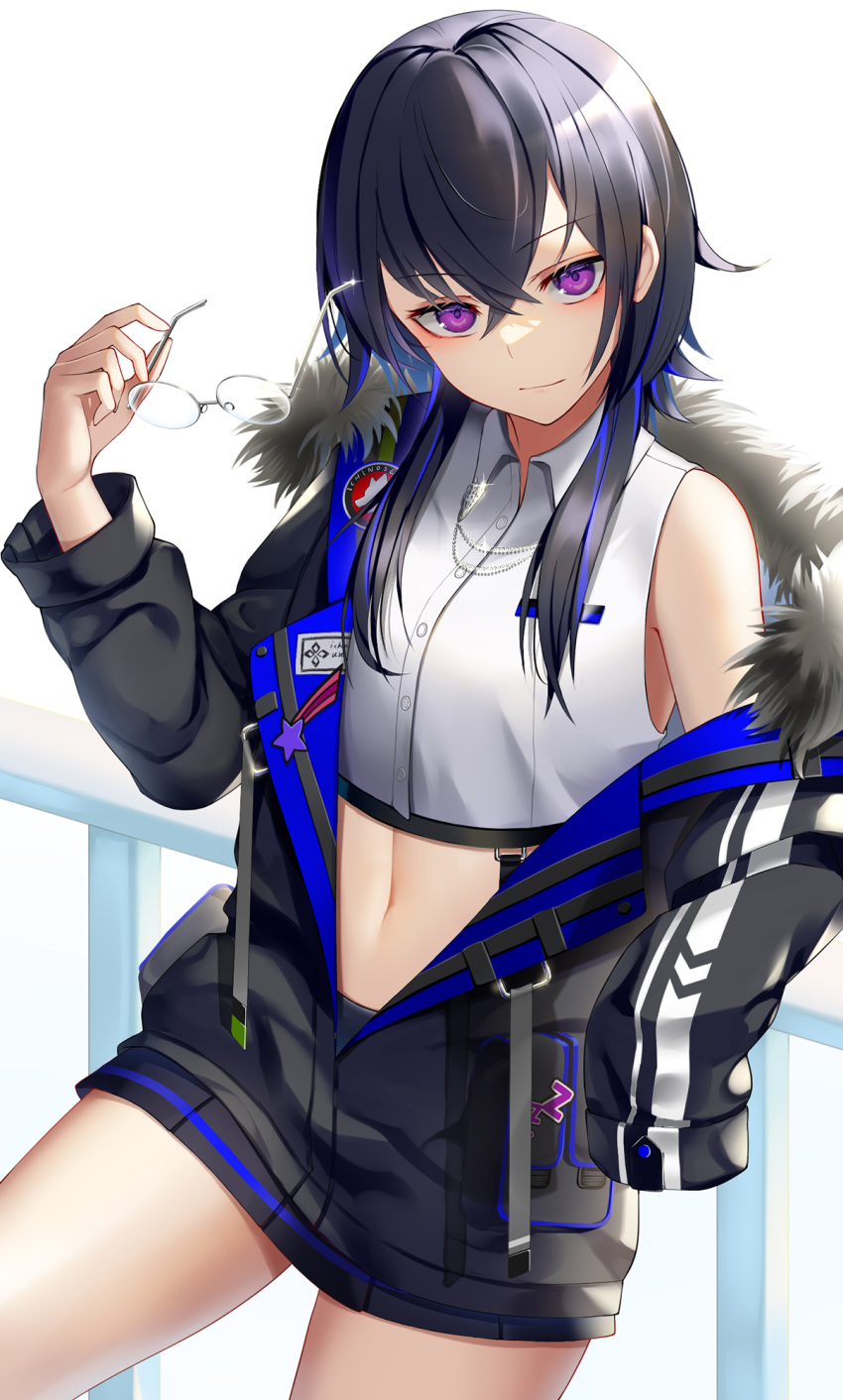 1girl bangs black_hair black_hoodie blue_hair breasts closed_mouth collared_shirt commentary_request cowboy_shot crop_top crossed_bangs eyebrows_visible_through_hair eyewear_removed fur-trimmed_hood fur_trim glasses hair_between_eyes highres holding holding_eyewear hood hood_down hoodie hoodie_dress ichinose_uruha jewelry leaning_on_rail long_hair long_sleeves looking_at_viewer lupinus_virtual_games midriff multicolored_hair navel necklace off_shoulder partially_unzipped purple_eyes railing shioneko_(0202) shirt sidelocks simple_background single_bare_shoulder sleeveless sleeveless_shirt small_breasts smile solo standing streaked_hair two-tone_hair virtual_youtuber vspo! white_background white_legwear