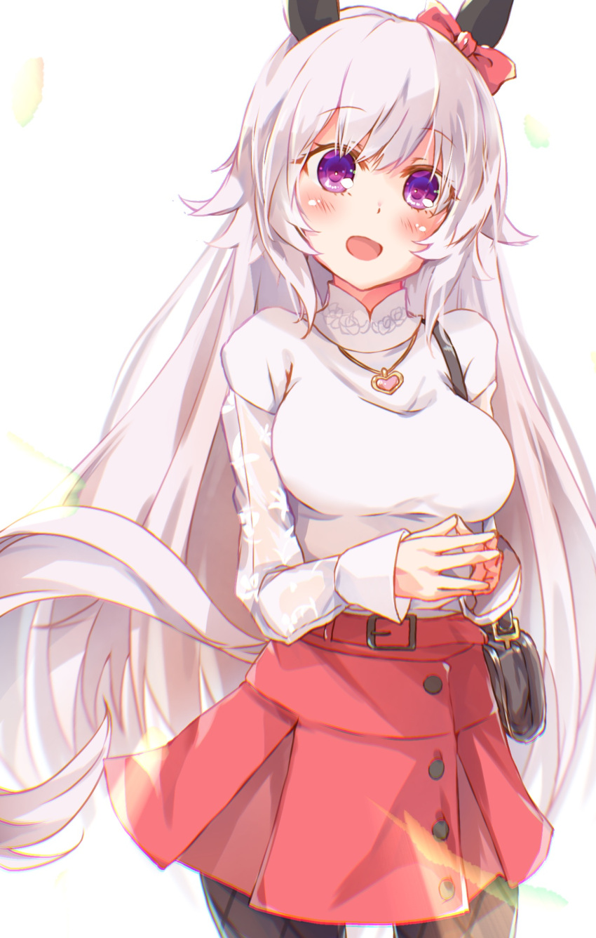 1girl :d alternate_hair_length alternate_hairstyle animal_ears bag bangs blush bow breasts brown_legwear commentary_request curren_chan_(umamusume) ear_bow eyebrows_visible_through_hair grey_hair hair_between_eyes highres horse_ears horse_girl horse_tail long_hair long_sleeves looking_at_viewer medium_breasts open_mouth pantyhose pleated_skirt purple_eyes red_bow red_skirt rinrin_(927413) see-through see-through_sleeves shirt shoulder_bag skirt sleeves_past_wrists smile solo steepled_fingers tail umamusume very_long_hair white_background white_shirt