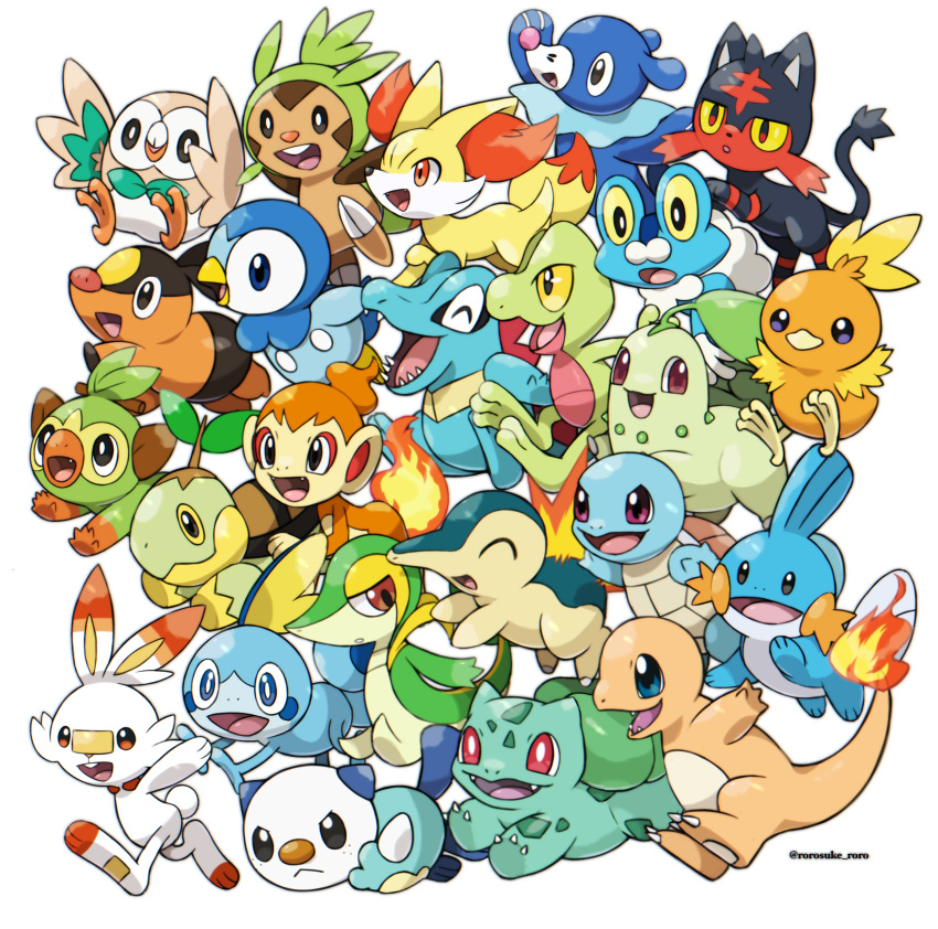 :d absurdres black_eyes bright_pupils bulbasaur charmander chespin chikorita chimchar closed_eyes closed_mouth commentary_request creature cyndaquil fangs fennekin fire flame froakie frown grookey highres litten looking_at_viewer looking_up mudkip no_humans open_mouth oshawott piplup pokemon pokemon_(creature) popplio red_eyes rorosuke rowlet scorbunny simple_background smile snivy sobble squirtle teeth tepig tongue torchic totodile treecko turtwig upper_teeth white_background white_pupils