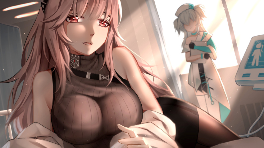 2girls absurdres bangs belt black_gloves black_legwear black_skirt breasts brown_sweater closed_mouth eyebrows_visible_through_hair girls'_frontline girls'_frontline_neural_cloud gloves hair_between_eyes hair_ornament hat highres holding holding_notepad large_breasts long_hair looking_at_viewer lying multiple_girls notepad nurse nurse_cap off-shoulder_sweater off_shoulder on_side open_mouth pa-15_(girls'_frontline) pantyhose persicaria_(girls'_frontline_nc) pink_hair red_eyes silver_hair skirt standing sweater wo_you_yibei_jia_wanli