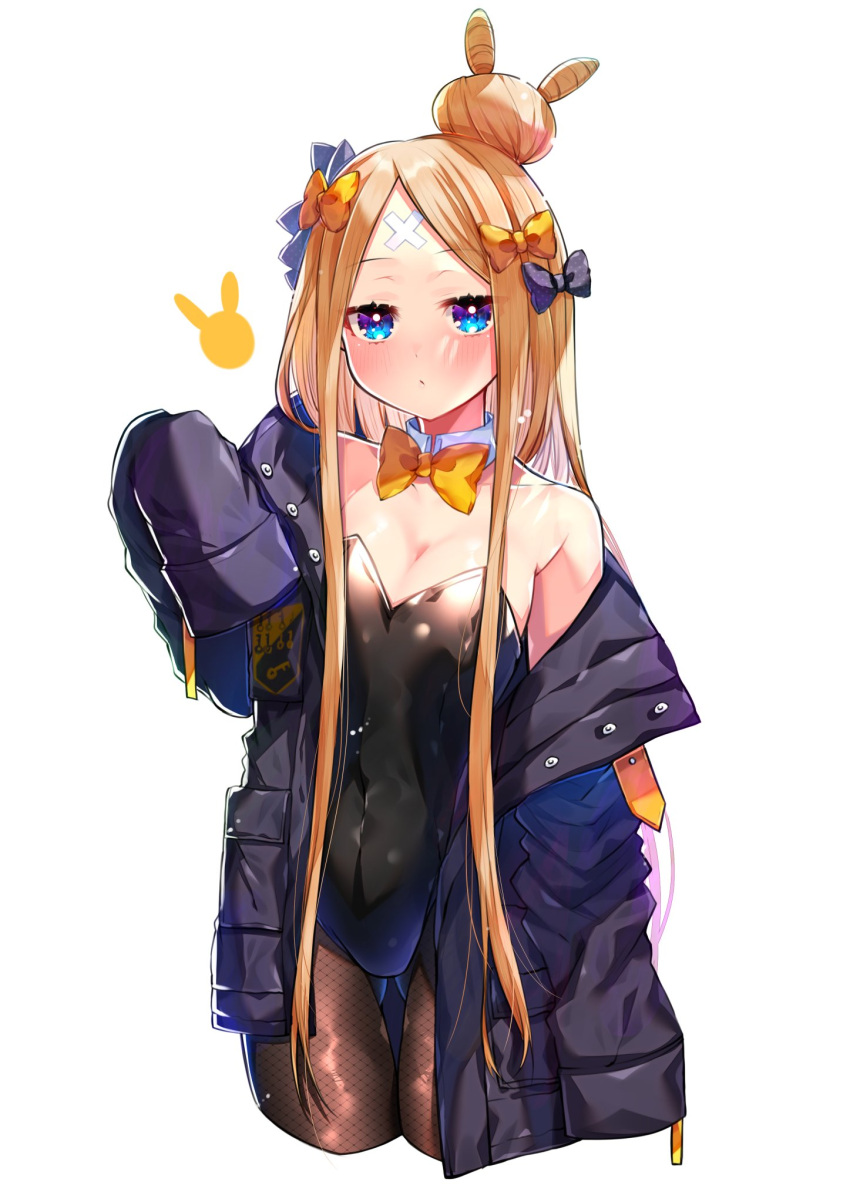 1girl abigail_williams_(fate) akirannu ass_visible_through_thighs bare_shoulders blonde_hair blue_bow blue_jacket blush bow bowtie breasts bunny_symbol cleavage commentary_request cowboy_shot cropped_legs detached_collar eyebrows_visible_through_hair eyes_visible_through_hair fate/grand_order fate_(series) fishnet_legwear fishnets hair_ornament highres jacket jacket_partially_removed large_forehead long_hair looking_at_viewer navel playboy_bunny sleeves_past_fingers sleeves_past_wrists small_breasts solo thighs very_long_hair white_background yellow_bow yellow_bowtie