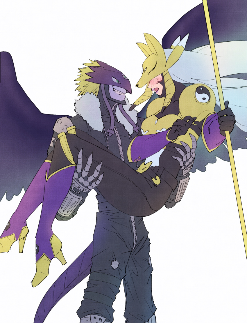 1boy 1girl absurdres armor ass beelzebumon belt black_bodysuit black_jacket black_wings blonde_hair blush bodysuit breasts buckle carrying claws colored_skin commentary_request covered_collarbone covered_eyes cowboy_shot detached_sleeves digimon digimon_(creature) digital_hazard embarrassed facial_mark feathered_wings floating_hair fox_mask fur-trimmed_jacket fur_trim gauntlets gloves green_eyes grin high_heels highres holding holding_staff jacket lipstick long_hair looking_at_another makeup mask medium_breasts nose_blush open_clothes open_jacket open_mouth princess_carry purple_legwear purple_lips purple_sleeves ramune_b sakuyamon short_hair silver_hair simple_background smile staff standing stirrup_legwear tail teeth third_eye toeless_legwear twintails very_long_hair white_background wings yellow_armor yellow_footwear yin_yang yin_yang_print zipper