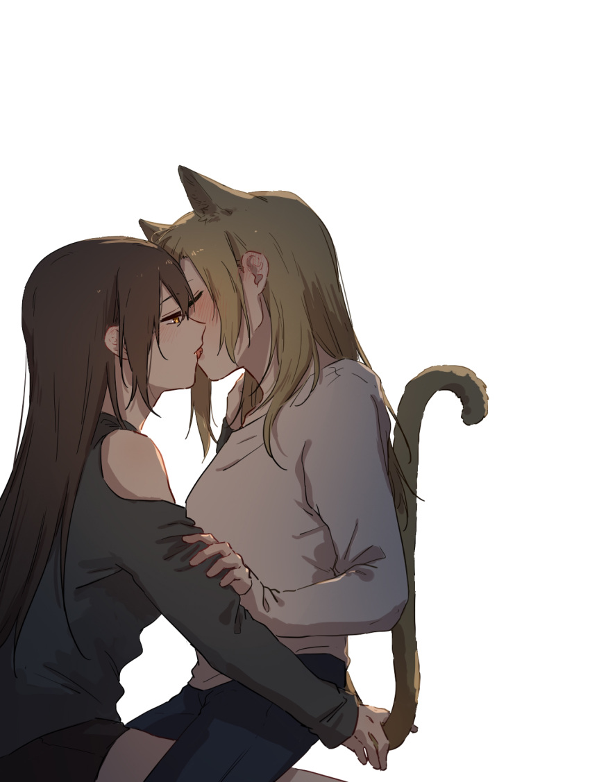 2girls animal_ears arm_grab blush brown_hair chinese_commentary closed_mouth commentary_request ear_blush eyebrows_visible_through_hair half-closed_eyes highres licking_lips light_brown_hair long_hair multiple_girls natsuyiro_x orange_eyes original simple_background tail tail_grab tongue tongue_out white_background yuri