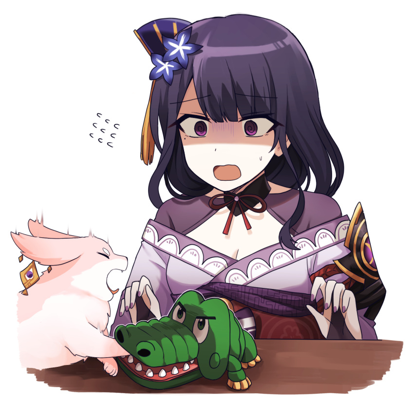 1girl @_@ alligator armor biting biting_hand bow bowtie breasts bridal_gauntlets choker cleavage commentary crocodile_dentist crocodilian english_commentary flower flying_sweatdrops fox genshin_impact hair_flower hair_ornament hands_up highres japanese_clothes kimono lix long_hair looking_at_another medium_breasts meme mole mole_under_eye obi obiage obijime open_mouth pain purple_eyes purple_flower purple_hair purple_kimono purple_nails raiden_shogun red_ribbon ribbon ribbon_choker sash shaded_face shoulder_armor simple_background solo surprised sweat table toy upper_body white_background wide-eyed yae_(genshin_impact)