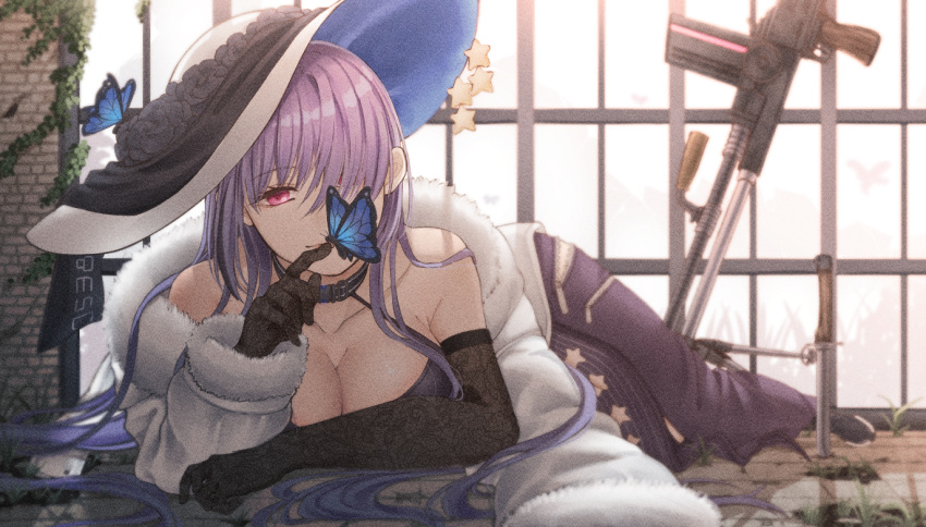 1girl bare_shoulders black_choker black_gloves breasts bug butterfly choker cleavage closed_mouth collarbone dress elbow_gloves eyebrows_visible_through_hair floor full_body girls'_frontline gloves gun hair_between_eyes knife large_breasts light_machine_gun long_hair looking_at_viewer lying machine_gun on_stomach purple_dress purple_eyes purple_hair rabb_horn solo wall weapon white_headwear window zb-26_(girls'_frontline) zb_26