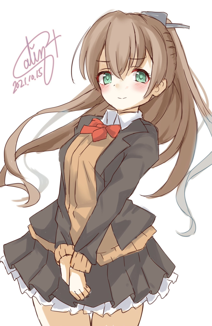 1girl blazer brown_hair brown_jacket brown_skirt cardigan commentary_request cowboy_shot dated frilled_skirt frills green_eyes highres jacket kantai_collection kumano_(kancolle) long_hair one-hour_drawing_challenge pen_chou ponytail red_neckwear remodel_(kantai_collection) school_uniform signature simple_background skirt solo v_arms white_background