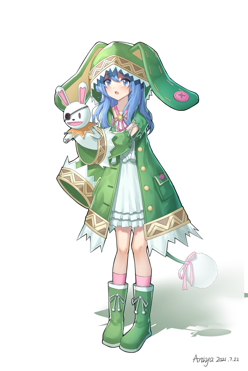 1girl :o absurdres animal_hat aniya_froh artist_name blue_eyes blue_hair blush boots bunny_hat date_a_live dated eyepatch full_body green_footwear green_jacket hand_puppet hat highres jacket long_hair looking_at_viewer pink_legwear pocket puppet rubber_boots solo tail white_background yoshino_(date_a_live)
