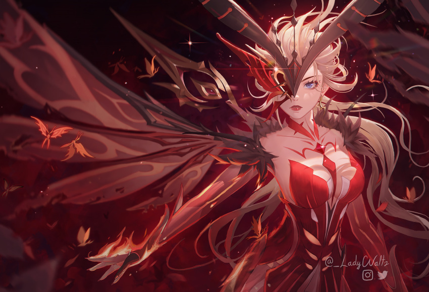 1girl bare_shoulders blonde_hair blue_eyes breasts cleavage dangle_earrings dress earrings eye_mask fire flame genshin_impact half_mask highres jewelry ladywaltz large_breasts long_hair mask mask_over_one_eye one_eye_covered outstretched_arm red_dress signora_(genshin_impact)