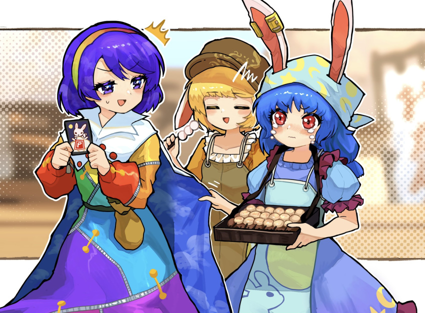 3girls ^^^ animal_ears animal_print apron bangs blonde_hair blue_dress blue_hair blue_headwear brown_bag brown_headwear bunny_print cabbie_hat cape cape_grab card closed_eyes commentary crescent crying crying_with_eyes_open dango dress earclip ears_through_headwear food hairband hat head_scarf highres holding howhow_notei long_hair long_sleeves medium_hair multicolored_clothes multicolored_dress multiple_girls open_mouth pouch puffy_short_sleeves puffy_sleeves purple_eyes purple_hair rabbit_ears rainbow_gradient red_eyes ringo_(touhou) seiran_(touhou) short_sleeves sky_print smile star_(symbol) star_print tears tenkyuu_chimata touhou tray two-sided_cape two-sided_fabric wagashi white_cape yellow_dress