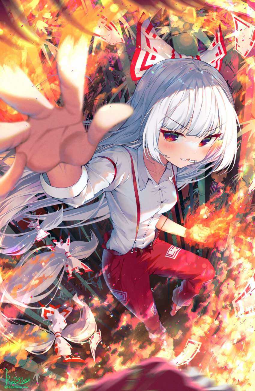 1girl arm_garter artist_name bamboo bamboo_forest bangs blue_eyes blurry blurry_foreground blush bow breasts burnt_clothes buttons cigarette clenched_hand collarbone collared_shirt commentary eyebrows_visible_through_hair fire flaming_hand floating_hair foreshortening forest fujiwara_no_mokou green_eyes hair_bow highres hime_cut kiramarukou long_hair long_sleeves looking_at_viewer mary_janes multicolored_eyes nature ofuda ofuda_on_clothes open_hand orange_eyes outstretched_arm outstretched_hand pants reaching_out red_bow red_eyes red_footwear red_pants shirt shoes sidelocks signature small_breasts smile sparkle suspenders teeth_hold touhou twitter_username two-tone_bow v-shaped_eyebrows very_long_hair white_bow white_hair white_shirt