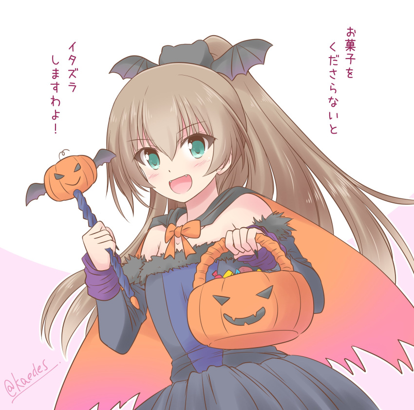 1girl alternate_costume bat_wings black_dress brown_hair cape commentary_request dress frilled_dress frills green_eyes highres icesherbet jack-o'-lantern kantai_collection kumano_(kancolle) long_hair looking_at_viewer off-shoulder_dress off_shoulder one-hour_drawing_challenge orange_cape ponytail solo translated wand wings