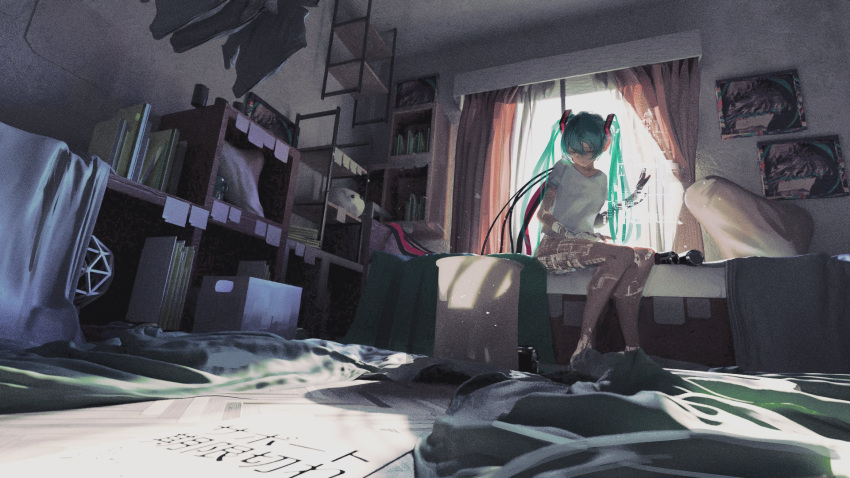 1girl 3d absurdres aqua_hair bedroom blender_(medium) box closed_eyes commentary curtains film_grain from_below hair_ornament hand_up hatsune_miku highres holographic_interface houtei9 indoors long_hair room shelf shirt sitting solo sticky_note twintails very_long_hair vocaloid white_shirt window