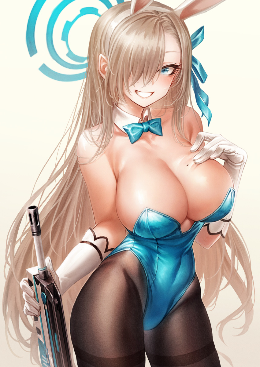1girl animal_ears assault_rifle asuna_(blue_archive) bare_shoulders beige_background black_legwear blue_archive blue_bow blue_bowtie blue_eyes blue_ribbon bow bowtie breasts bullpup cleavage detached_collar fake_animal_ears famas gloves gun hair_over_one_eye hair_ribbon halo highres holding holding_gun holding_weapon large_breasts long_hair looking_at_viewer mole mole_on_breast oyu_udon pantyhose parted_lips playboy_bunny rabbit_ears ribbon rifle simple_background smile solo weapon white_gloves