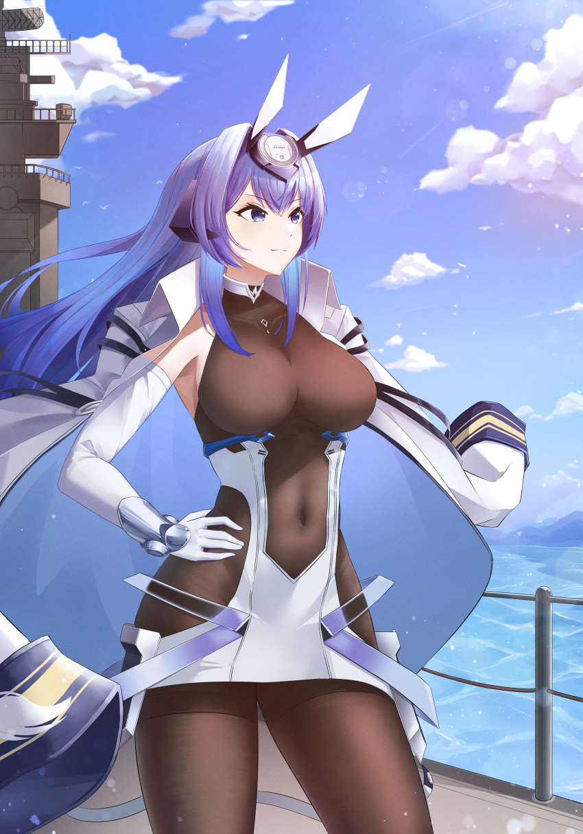 1girl absurdres armpits azur_lane bangs blue_eyes blue_hair blue_sky bodystocking breasts center_opening closed_mouth cloud coat coat_on_shoulders commentary covered_collarbone covered_navel cowboy_shot day dress elbow_gloves eyebrows_visible_through_hair floating floating_clothes gloves gradient_hair guard_(mungcom88) hair_between_eyes hair_intakes hand_on_hip headgear highres large_breasts lens_flare long_hair looking_to_the_side military military_vehicle multicolored_hair new_jersey_(azur_lane) ocean outdoors ship side_cutout sidelocks sky smile solo standing sunlight vambraces very_long_hair warship watercraft white_coat white_dress white_gloves