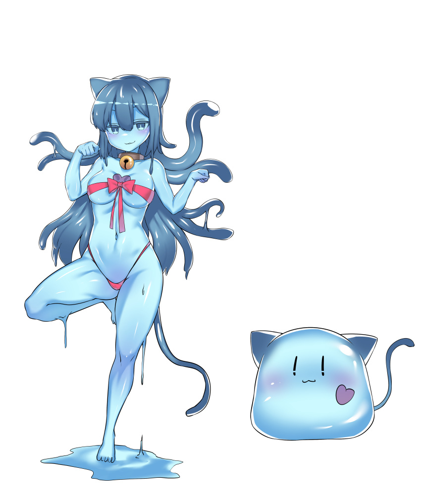 1girl absurdres animal_ears bell blue_eyes blue_hair blue_slime blush bow cat_ears cat_tail dripping facing_viewer heart highres kururi_(dwg) leg_up long_hair monster_girl neck_bell original panties paw_pose red_bow red_panties red_ribbon ribbon ribbon_bra slime_(creature) slime_girl tail tentacle_hair underwear very_long_hair white_background