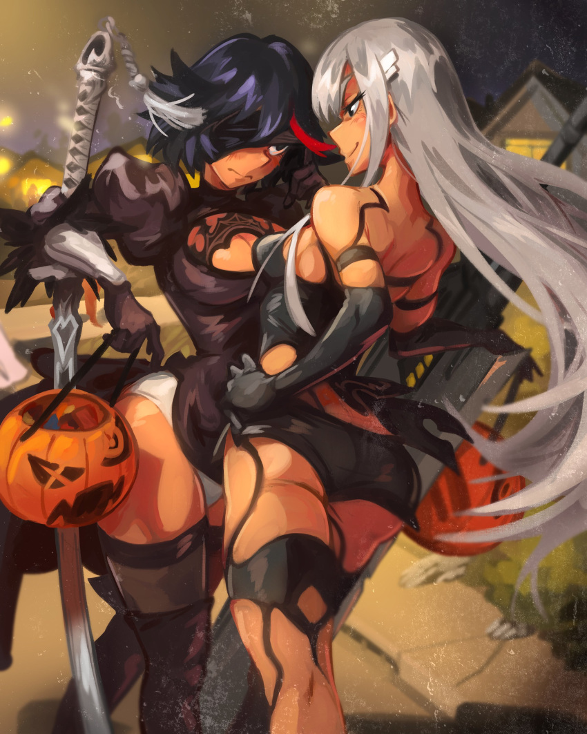 2girls absurdres ass black_footwear black_gloves black_hair blindfold bodysuit boots breast_press breasts candy cleavage cleavage_cutout clothing_cutout commentary cosplay crossover elbow_gloves english_commentary feather-trimmed_sleeves food gloves hairband halloween halloween_costume highres khyle. kill_la_kill kiryuuin_satsuki long_hair matoi_ryuuko medium_breasts multicolored_hair multiple_girls nier_(series) nier_automata night outdoors streaked_hair sword symmetrical_docking thigh_boots thighhighs thighhighs_under_boots weapon white_hair yorha_no._2_type_b yorha_no._2_type_b_(cosplay) yorha_type_a_no._2 yorha_type_a_no._2_(cosplay)