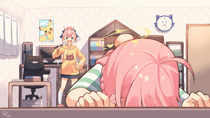 2girls ahoge annoyed bedroom black_skirt blue_eyes bookshelf braid clock computer desk fang hair_bun hand_fan hand_on_hip harisen head_bump highres indoors injury kneehighs kuri_(animejpholic) long_hair lying monitor multiple_girls on_floor on_stomach open_mouth original paper_fan pikachu pink_hair pokemon poster_(object) ribbon seeing_stars shirt short_hair shouting siblings sisters skirt slippers striped striped_shirt table unconscious white_legwear yellow_shirt