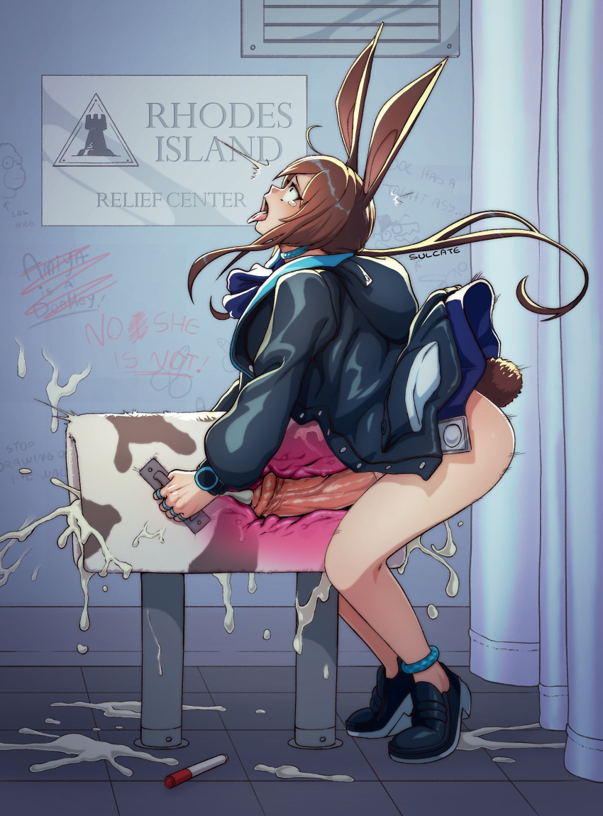 1girl ahegao amiya_(arknights) animal_ears animal_penis arknights black_jacket blue_neckwear bottomless breeding_mount brown_hair cum cum_on_floor ejaculation english_commentary english_text excessive_cum from_side futanari graffiti highres hood hood_down hooded_jacket horse_penis huge_penis jacket long_hair long_sleeves masturbation open_mouth penis rabbit_ears solo standing sulcate tearing_up tiptoes tongue tongue_out uncensored wide-eyed x-ray