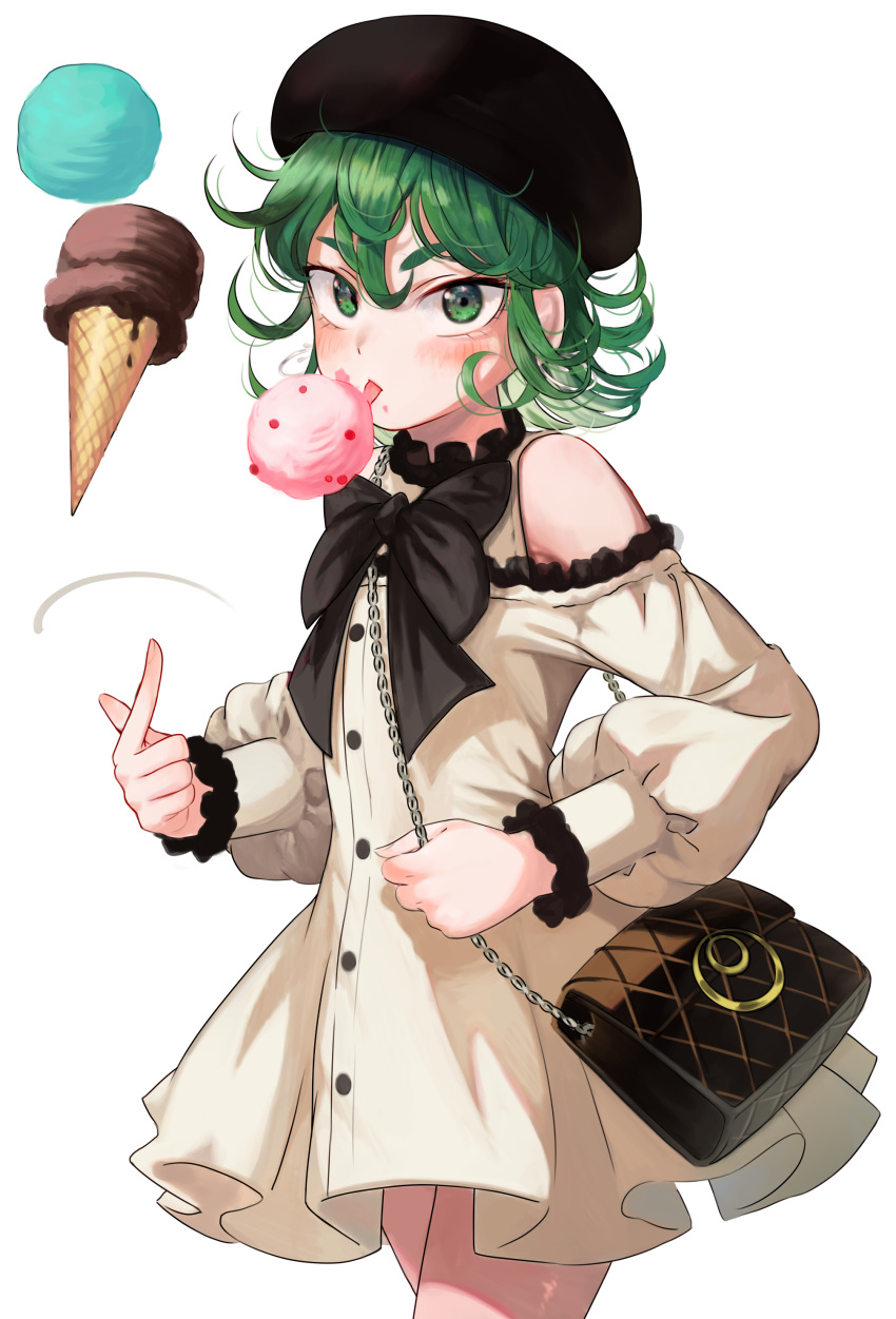 1girl absurdres bag beret black_bow black_bowtie black_headwear bow bowtie clothing_cutout commentary_request curly_hair dress eyebrows_visible_through_hair floating food green_eyes green_hair hair_between_eyes hat highres ice_cream licking looking_at_viewer md5_mismatch one-punch_man short_hair shoulder_cutout simple_background solo tatsumaki thighs torriet white_background white_dress